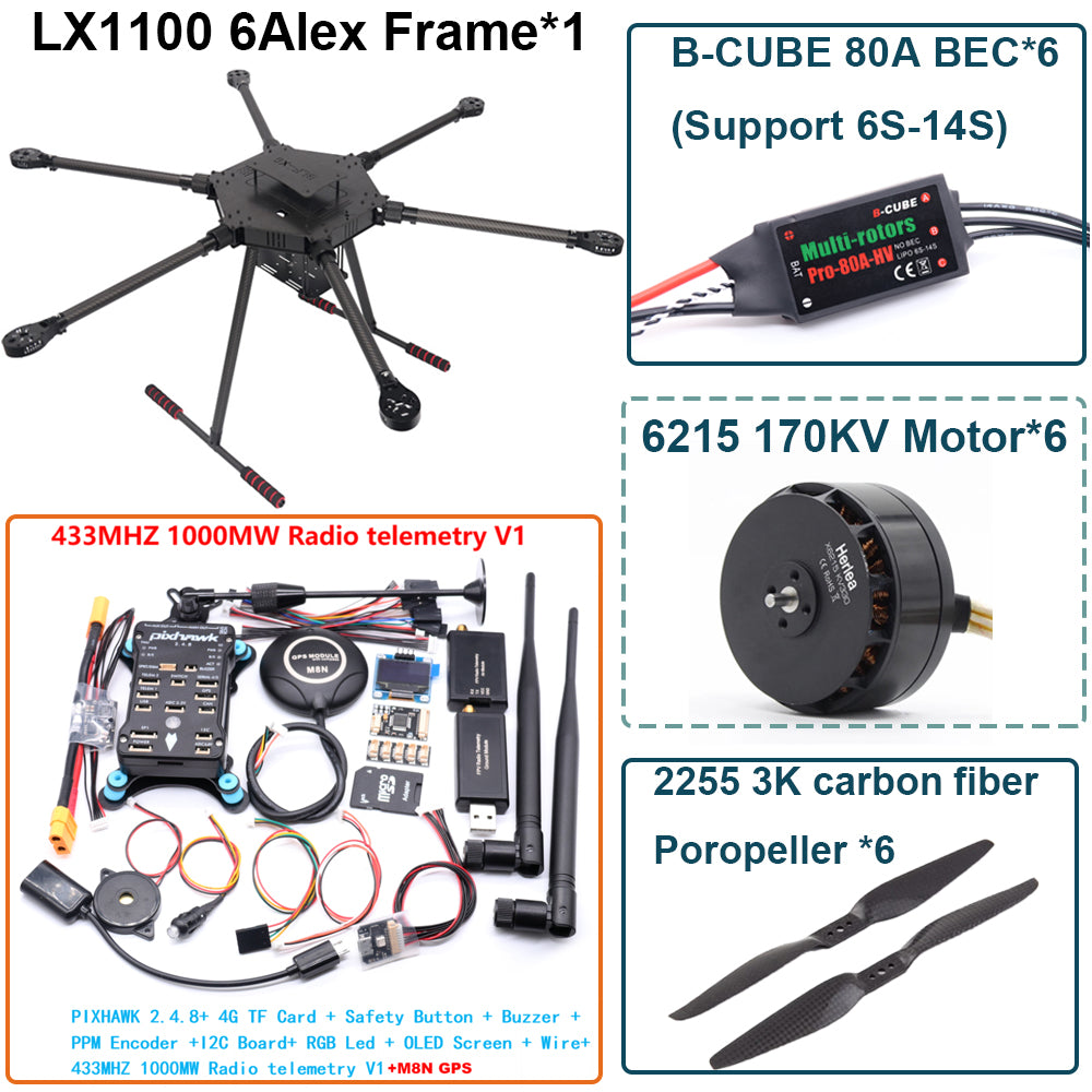 LX1100 Pixhawk 2.4.8 M8N Flight Control Set Full Carbon Fiber 1100mm Hexa-Rotor Frame B-CUBE 80A ESC PX4 6215 Motor