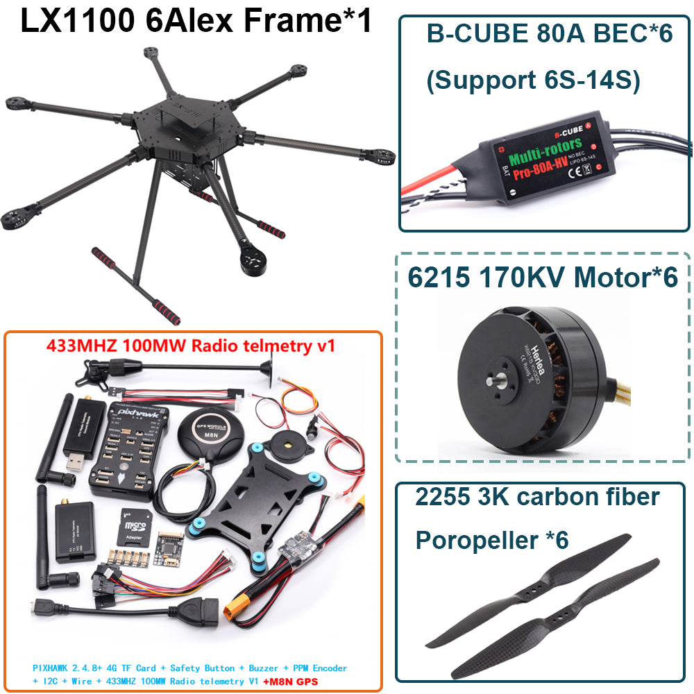 LX1100 Pixhawk 2.4.8 M8N Flight Control Set Full Carbon Fiber 1100mm Hexa-Rotor Frame B-CUBE 80A ESC PX4 6215 Motor