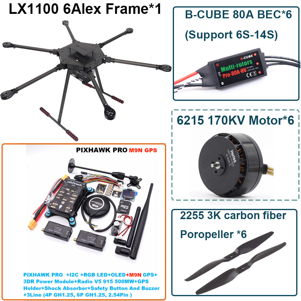LX1100 PRO M9N Full Carbon Fiber 1100mm Hexa-Rotor Frame B-CUBE 80A ESC PX4 Pixhawk Flight Control Set 6215 Motor