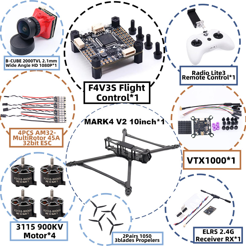 B-CUBE MARK4 V2 10inch F4V3S/F4V3S PLUS Flight Control 45/60A 4INI ESC rack drone FPV carbon fiber PV Racing Drone Quadcopter Freestyle