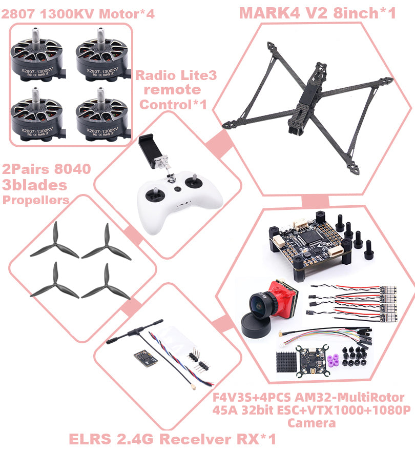 B-CUBE MARK4 V2 8inch F4V3S/F4V3S PLUS Flight Control 45/60A 4INI ESC rack drone FPV carbon fiber PV Racing Drone Quadcopter Freestyle