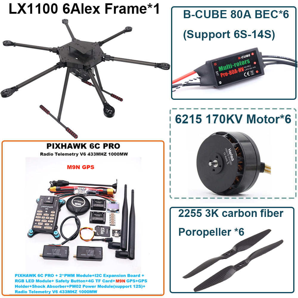LX1100 6C PRO M9N Full Carbon Fiber 1100mm Hexa-Rotor Frame B-CUBE 80A ESC PX4 Pixhawk Flight Control Set 6215 Motor