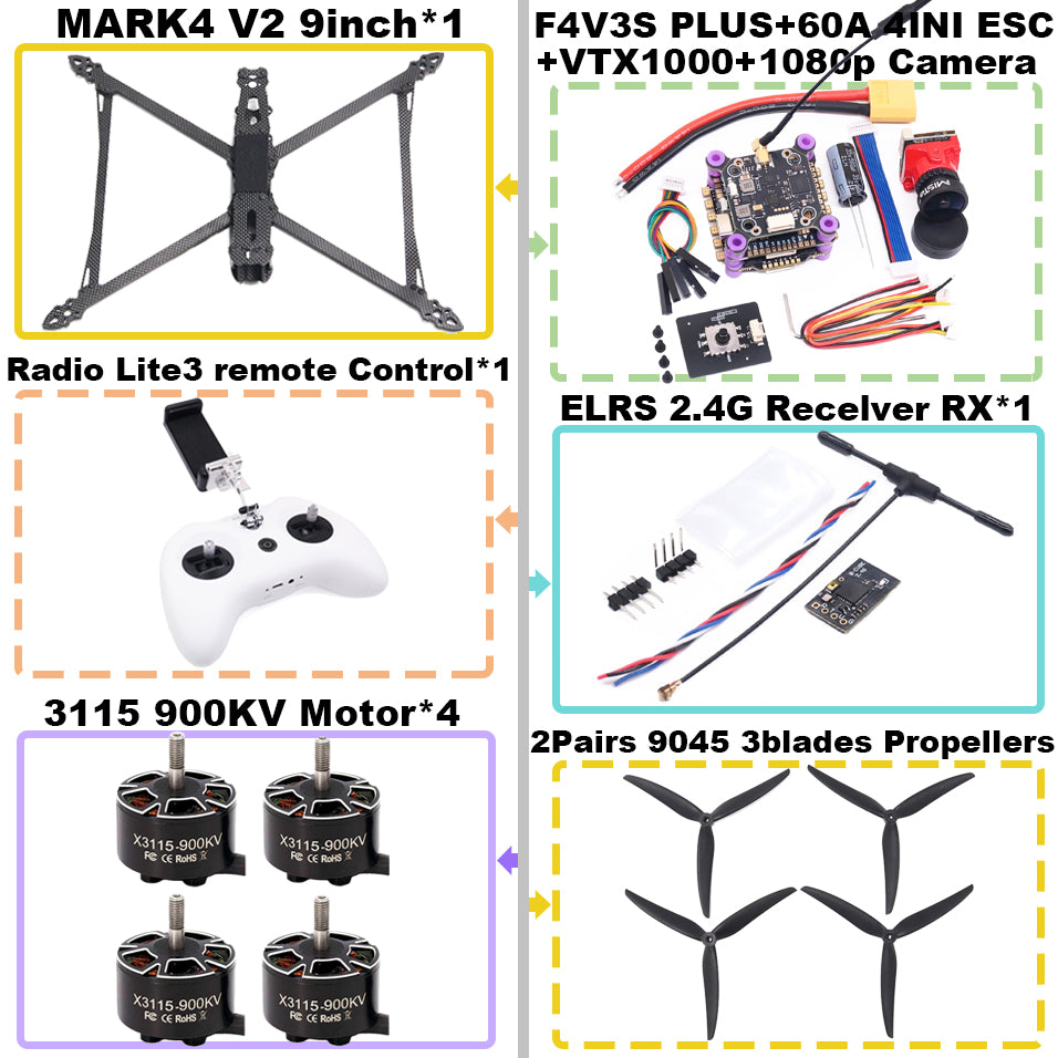 MARK4 V2 9-дюймовый F4V3S/F4V3S PLUS Flight Control 45/60A 4INI ESC rack drone FPV carbon fiber PV Racing Drone Quadcopter Freestyle