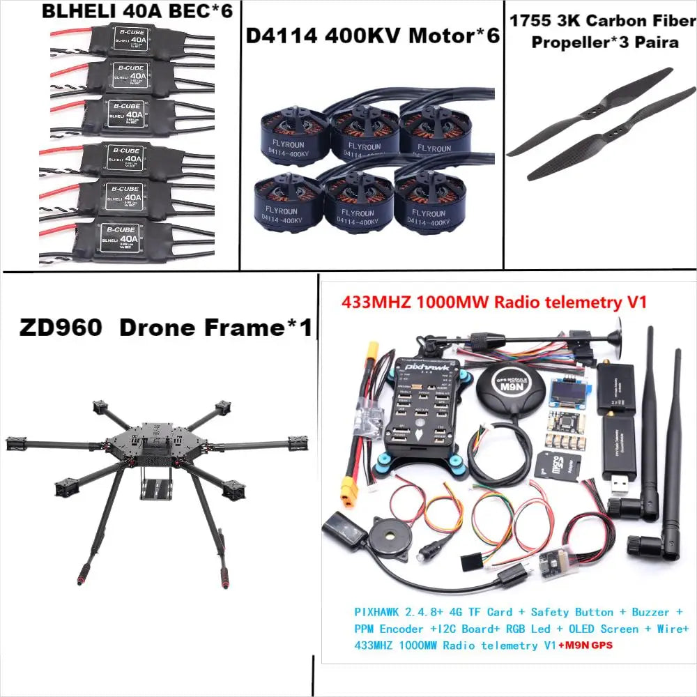 ZD960 PIXHAWK2.4.8 M9N Full Carbon Fiber Hexa-Rotor Frame BLHELI 40A ESC Flight Comtrol Rado Telemetry Set