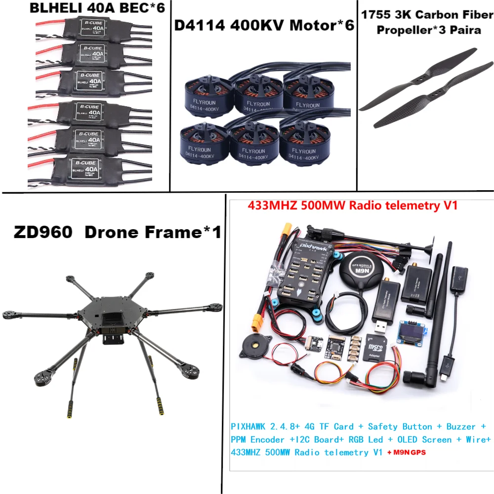 ZD960 PIXHAWK2.4.8 M9N Full Carbon Fiber Hexa-Rotor Frame BLHELI 40A ESC Flight Comtrol Rado Telemetry Set