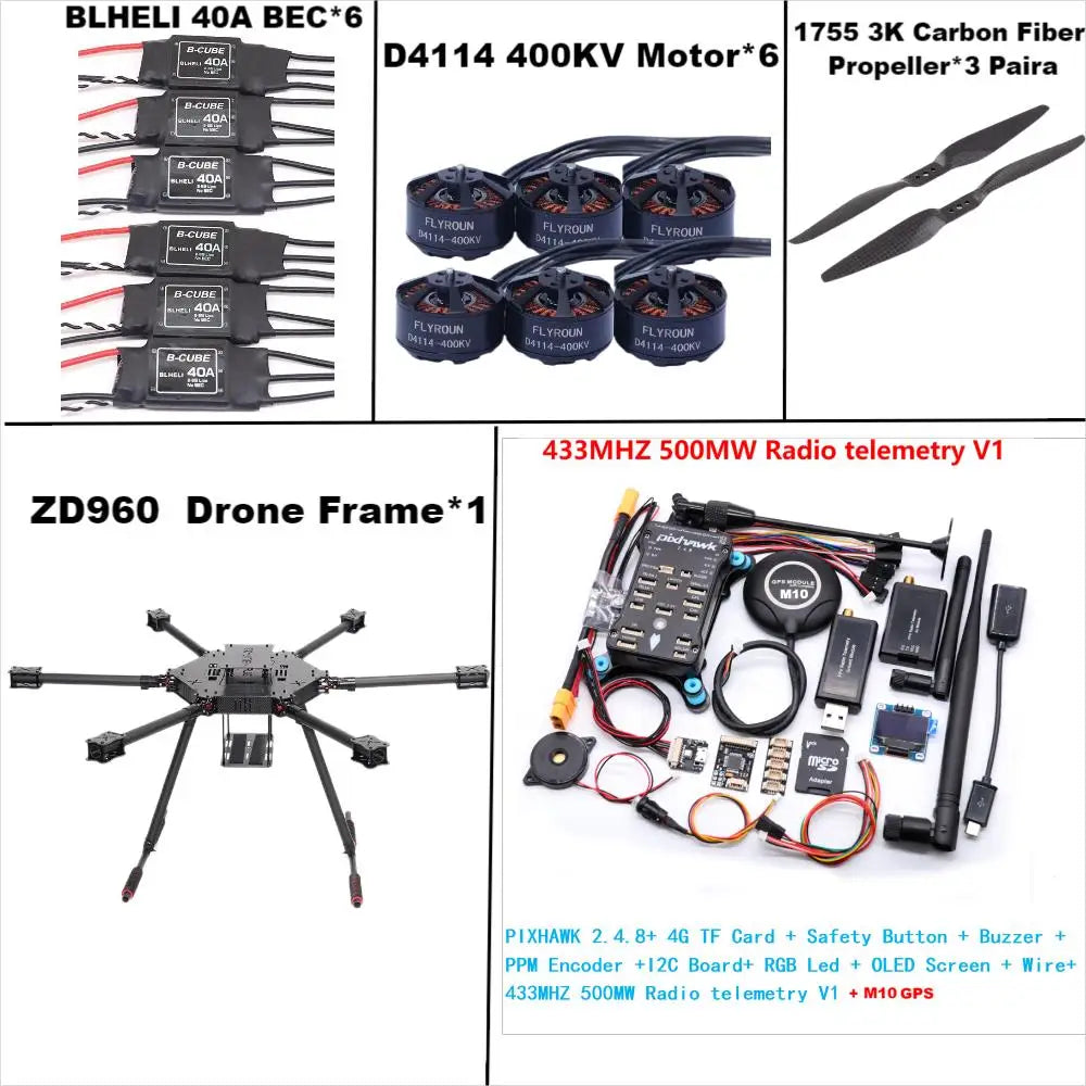 ZD960 PIXHAWK2.4.8 M10 Full Carbon Fiber Hexa-Rotor Frame BLHELI 40A ESC Flight Comtrol Rado Telemetry Set
