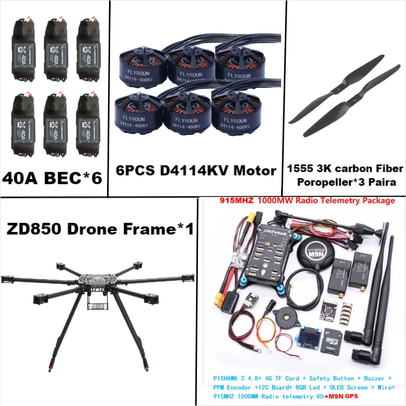 B-CUBE ZD850 Pixhawk 2.4.8 M9N Full Carbon Fiber 850mm Hexa-Rotor Frame BLHELI 40A ESC Flight Comtrol Rado Telemetry Set