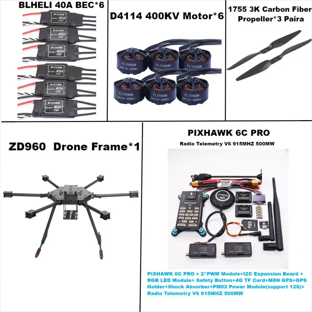 ZD960 PIXHAWK 6C PRO M8N Full Carbon Fiber Hexa-Rotor Frame BLHELI 40A ESC Flight Comtrol Rado Telemetry Set