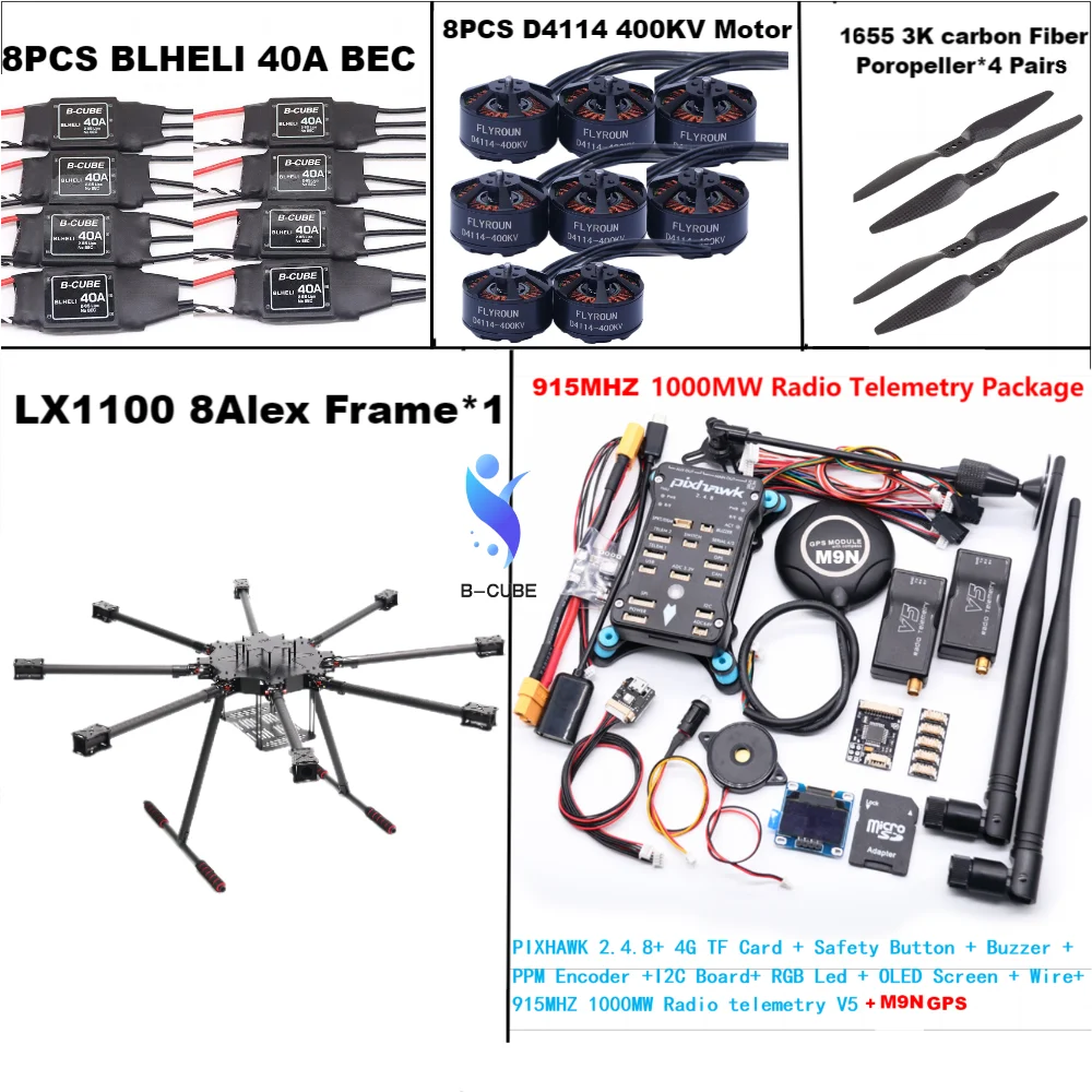 B-CUBE LX1100 Full Carbon Fiber 1100mm Octa-Rotor Frame BLHELI 40A ESC PX4 Pixhawk 2.4.8 M9N Flight Comtrol Set D4114 Motor