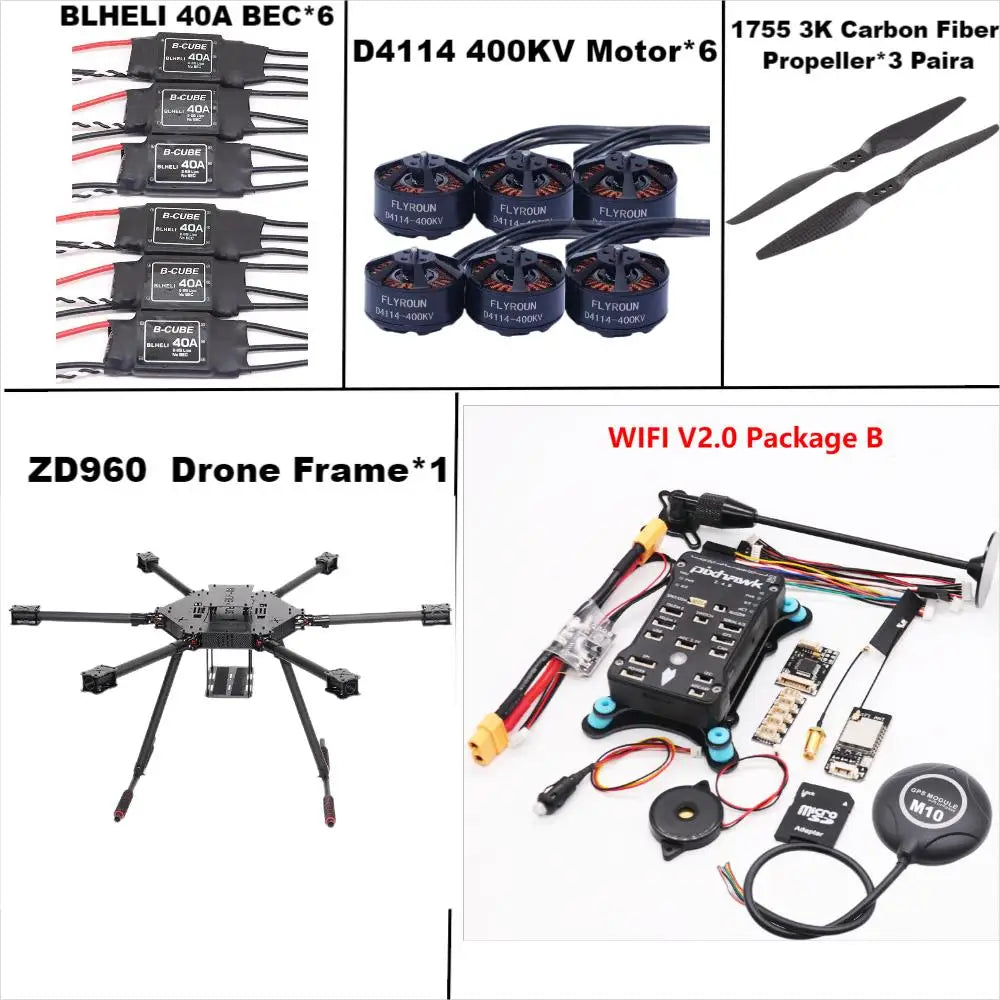 ZD960 PIXHAWK2.4.8 M10 Full Carbon Fiber Hexa-Rotor Frame BLHELI 40A ESC Flight Comtrol Rado Telemetry Set