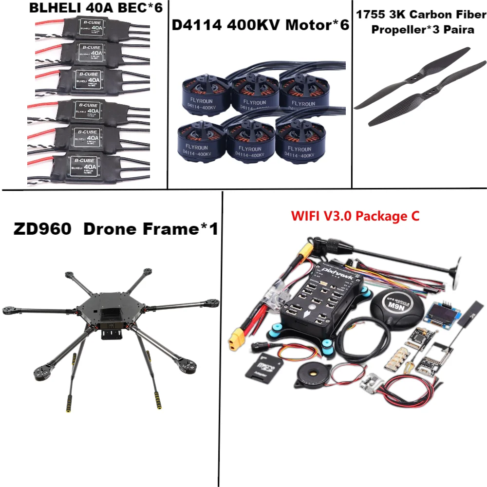 ZD960 PIXHAWK2.4.8 M9N Full Carbon Fiber Hexa-Rotor Frame BLHELI 40A ESC Flight Comtrol Rado Telemetry Set