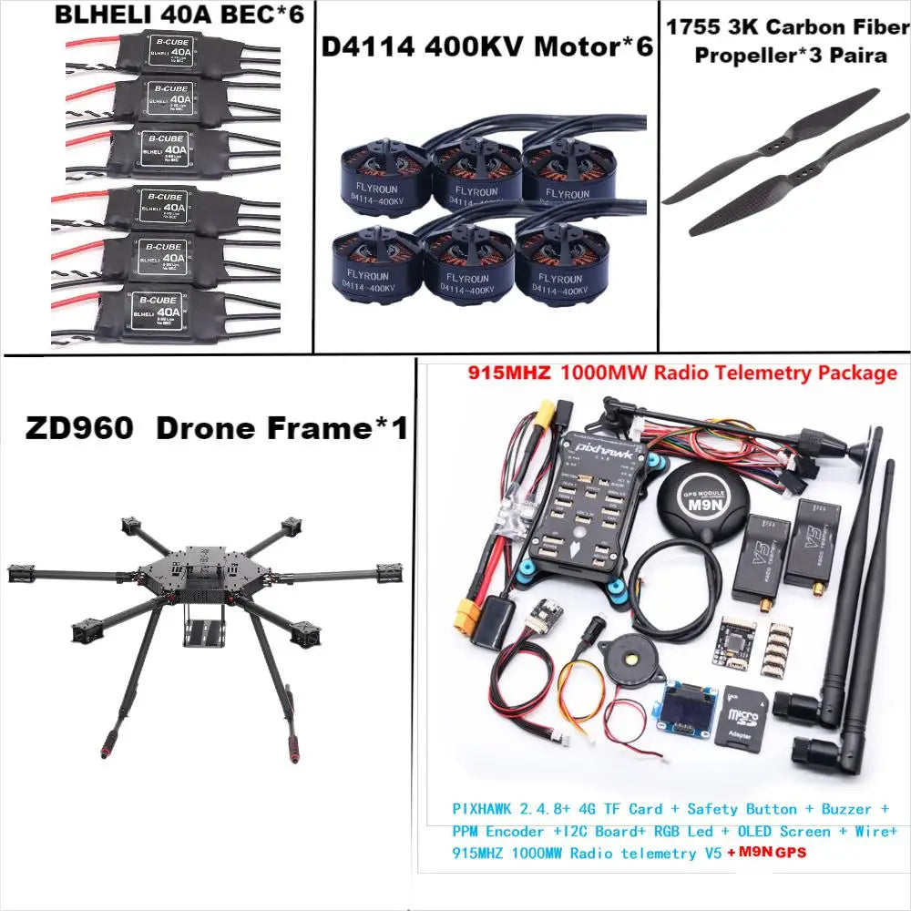 ZD960 PIXHAWK2.4.8 M9N Full Carbon Fiber Hexa-Rotor Frame BLHELI 40A ESC Flight Comtrol Rado Telemetry Set