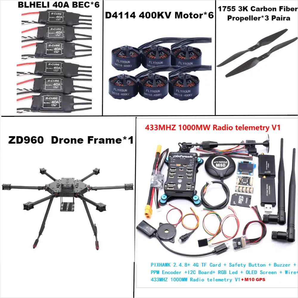 ZD960 PIXHAWK2.4.8 M10 Full Carbon Fiber Hexa-Rotor Frame BLHELI 40A ESC Flight Comtrol Rado Telemetry Set