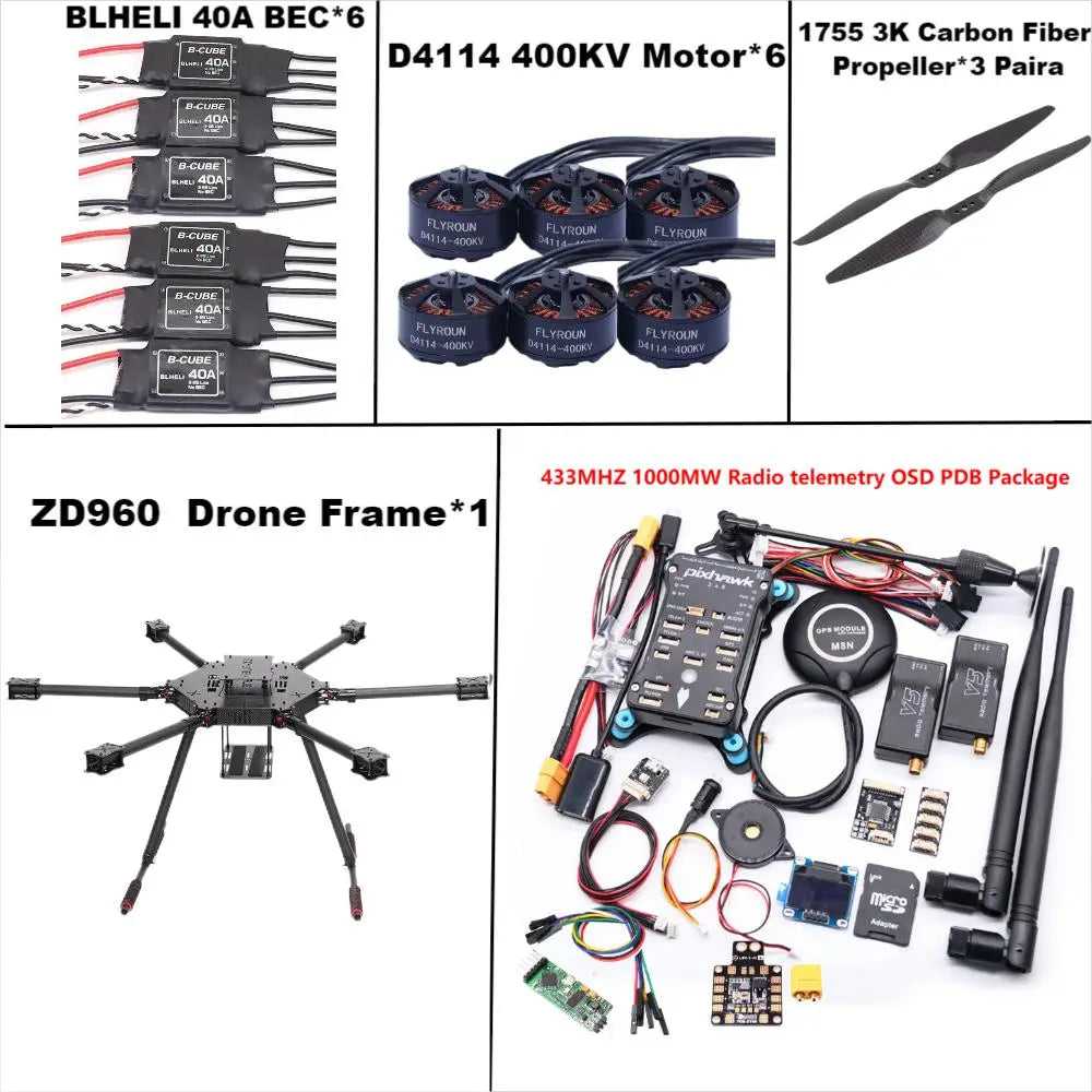 ZD960 PIXHAWK2.4.8 M8N Full Carbon Fiber Hexa-Rotor Frame BLHELI 40A ESC Flight Comtrol Rado Telemetry Set