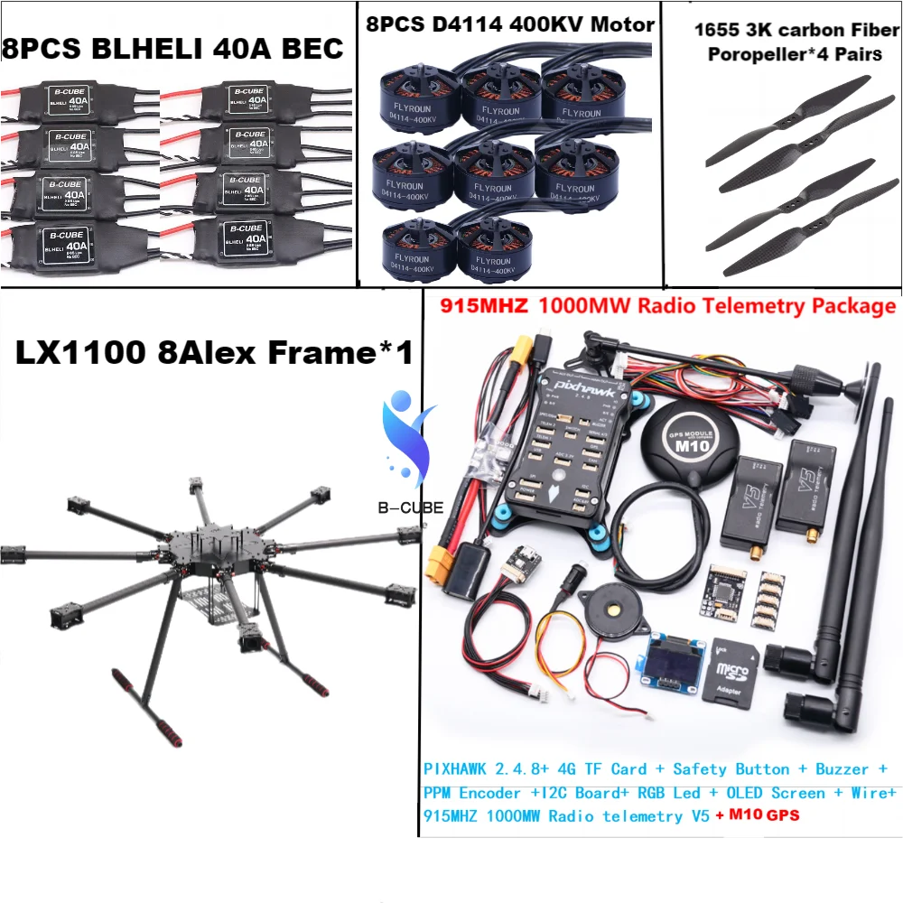 B-CUBE LX1100 Full Carbon Fiber 1100mm Octa-Rotor Frame BLHELI 40A ESC PX4 Pixhawk 2.4.8 M10 Flight Comtrol Set D4114 Motor