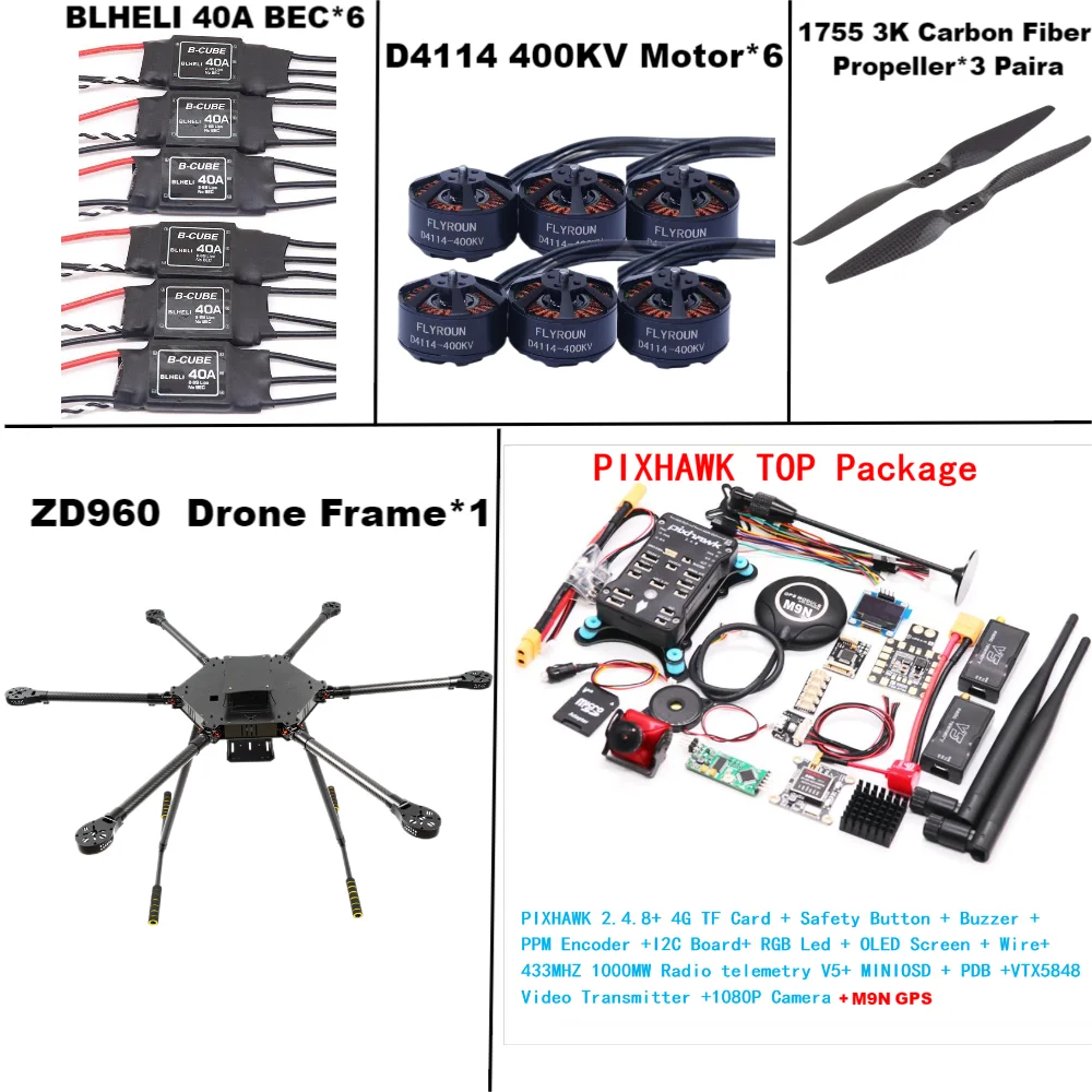 ZD960 PIXHAWK2.4.8 M9N Full Carbon Fiber Hexa-Rotor Frame BLHELI 40A ESC Flight Comtrol Rado Telemetry Set