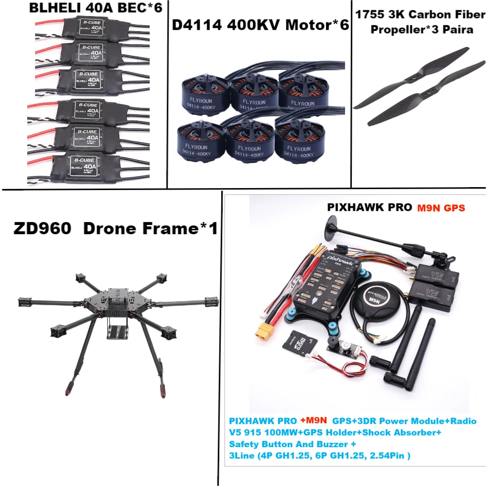 ZD960 PIXHAWK PRO M9N Full Carbon Fiber Hexa-Rotor Frame BLHELI 40A ESC Flight Comtrol Rado Telemetry Set