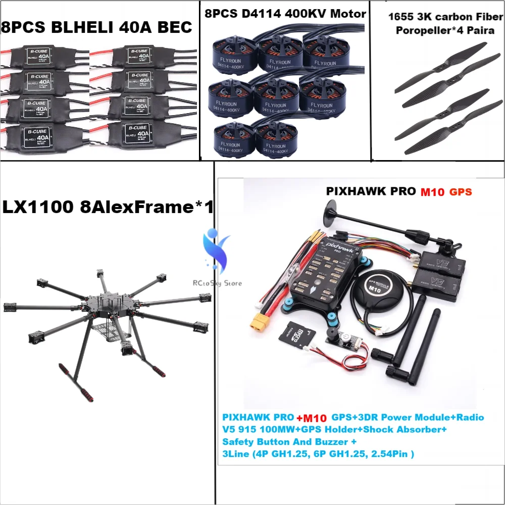 LX1100 Full Carbon Fiber 1100mm Octa-Rotor Frame BLHELI 40A ESC PX4 Pixhawk PRO M10 Flight Comtrol Set D4114 Motor
