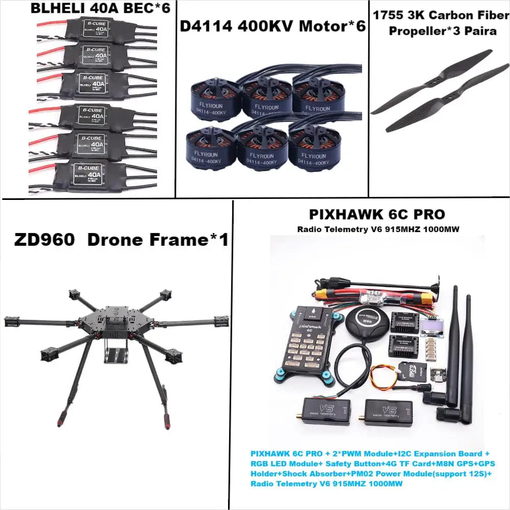 ZD960 PIXHAWK 6C PRO M8N Full Carbon Fiber Hexa-Rotor Frame BLHELI 40A ESC Flight Comtrol Rado Telemetry Set