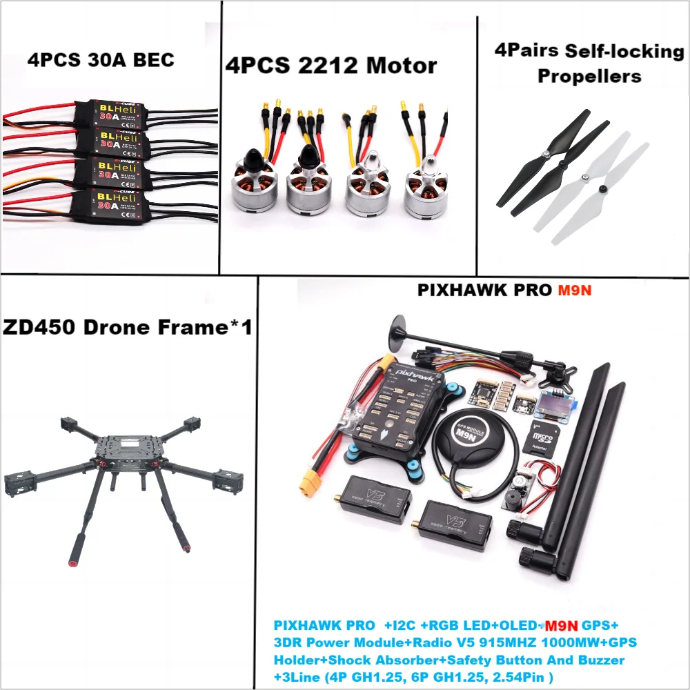 B-CUBE PIXHAWK PRO Flight Control M9N Carbon Fiber 450 Frame Kit Ardupilot 100MW Radio Telemetry Quadcopter BLHELI 30A2212 Motor ESC