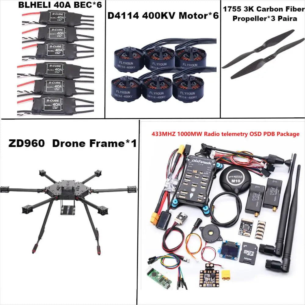 ZD960 PIXHAWK2.4.8 M10 Full Carbon Fiber Hexa-Rotor Frame BLHELI 40A ESC Flight Comtrol Rado Telemetry Set