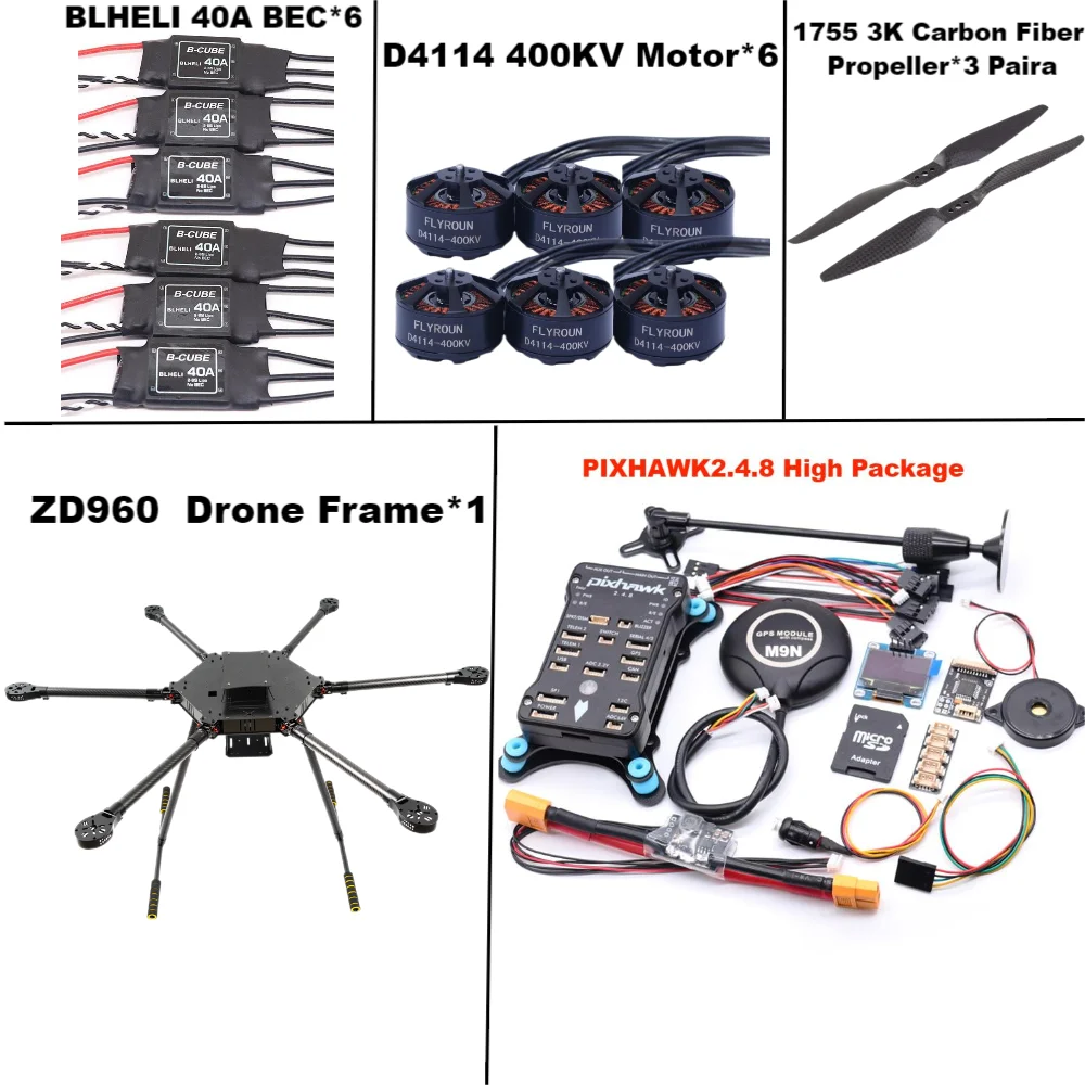 ZD960 PIXHAWK2.4.8 M9N Full Carbon Fiber Hexa-Rotor Frame BLHELI 40A ESC Flight Comtrol Rado Telemetry Set