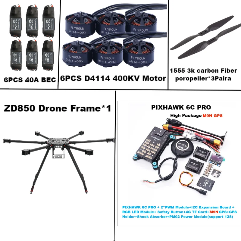 ZD850 6C PRO M9N Full Carbon Fiber 850mm Hexa-Rotor Frame BLHELI 40A ESC Flight Comtrol Rado Telemetry Set Rctosky