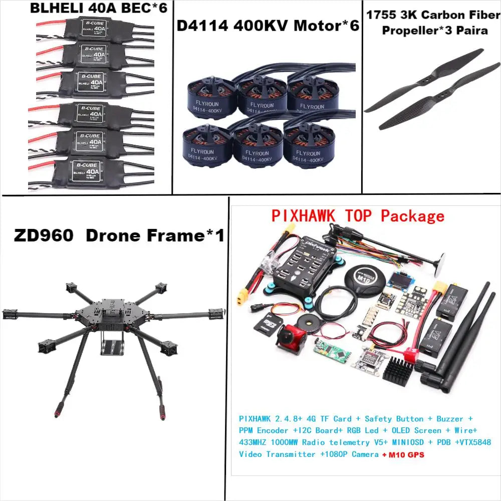 ZD960 PIXHAWK2.4.8 M10 Full Carbon Fiber Hexa-Rotor Frame BLHELI 40A ESC Flight Comtrol Rado Telemetry Set