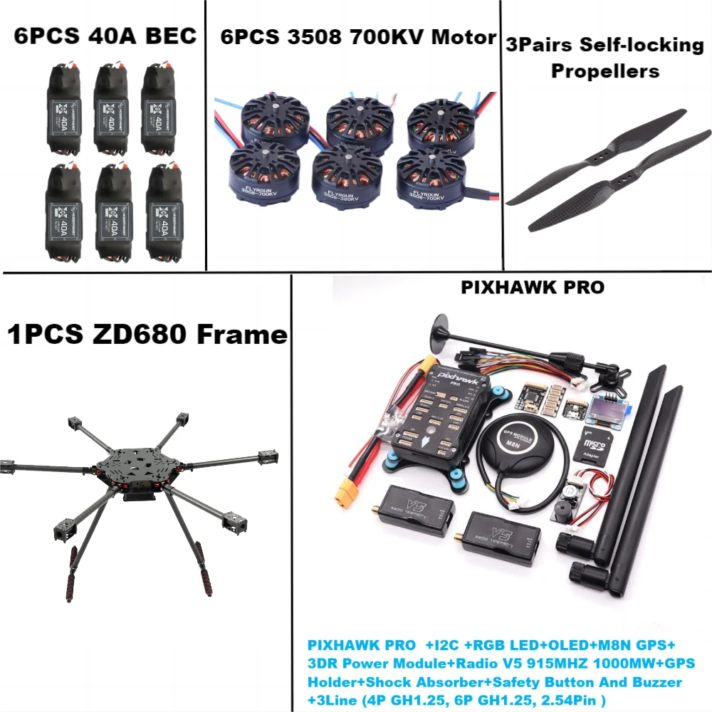 ZD680 PRO M8N Full Carbon Fiber Hexa-Rotor Foldable Arm Hexacopter Frame Kit PIXHAWK with Unflodable Landing Gear