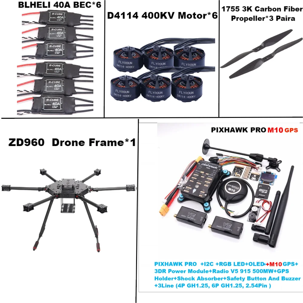 ZD960 PIXHAWK PRO M10 Full Carbon Fiber Hexa-Rotor Frame BLHELI 40A ESC Flight Comtrol Rado Telemetry Set