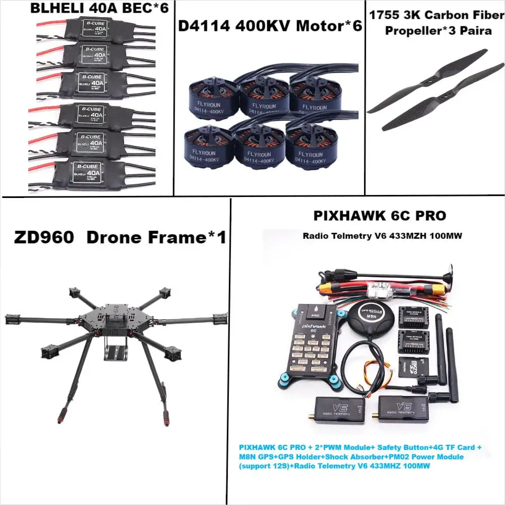 ZD960 PIXHAWK 6C PRO M8N Full Carbon Fiber Hexa-Rotor Frame BLHELI 40A ESC Flight Comtrol Rado Telemetry Set