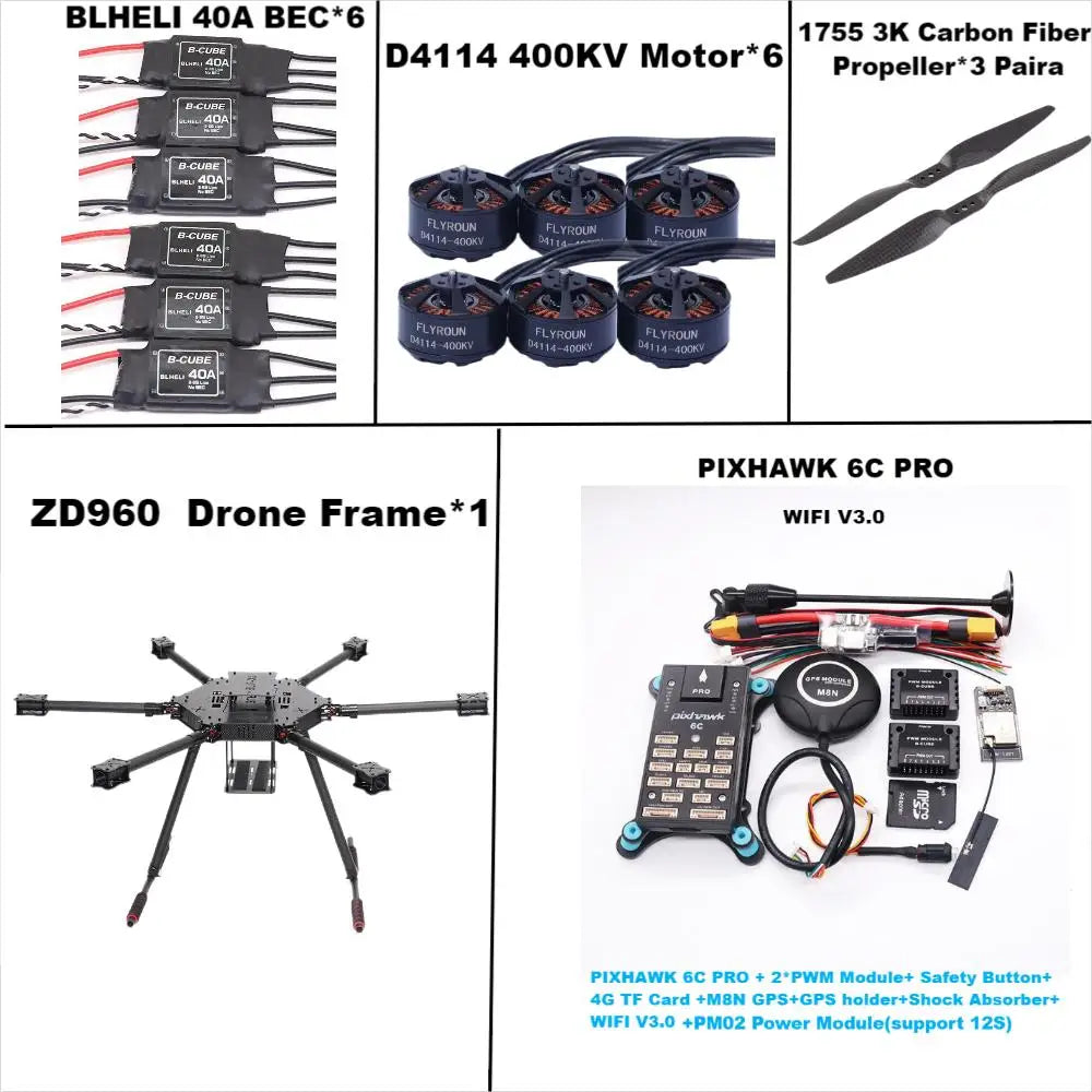 ZD960 PIXHAWK 6C PRO M8N Full Carbon Fiber Hexa-Rotor Frame BLHELI 40A ESC Flight Comtrol Rado Telemetry Set