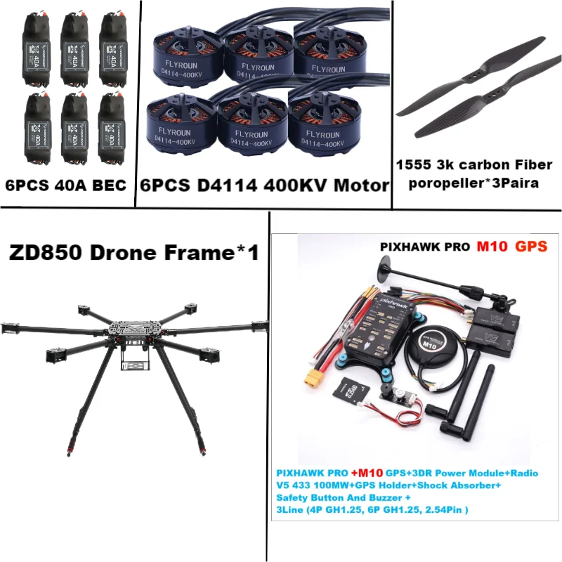 ZD850 PIXHAWK PRO M10 Full Carbon Fiber 850mm Hexa-Rotor Frame BLHELI 40A ESC Flight Comtrol Rado Telemetry Set