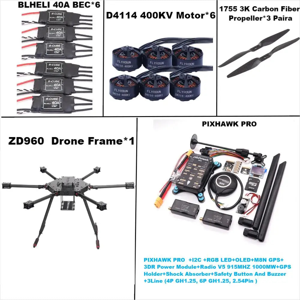 ZD960 PIXHAWK PRO M8N Full Carbon Fiber Hexa-Rotor Frame BLHELI 40A ESC Flight Comtrol Rado Telemetry Set