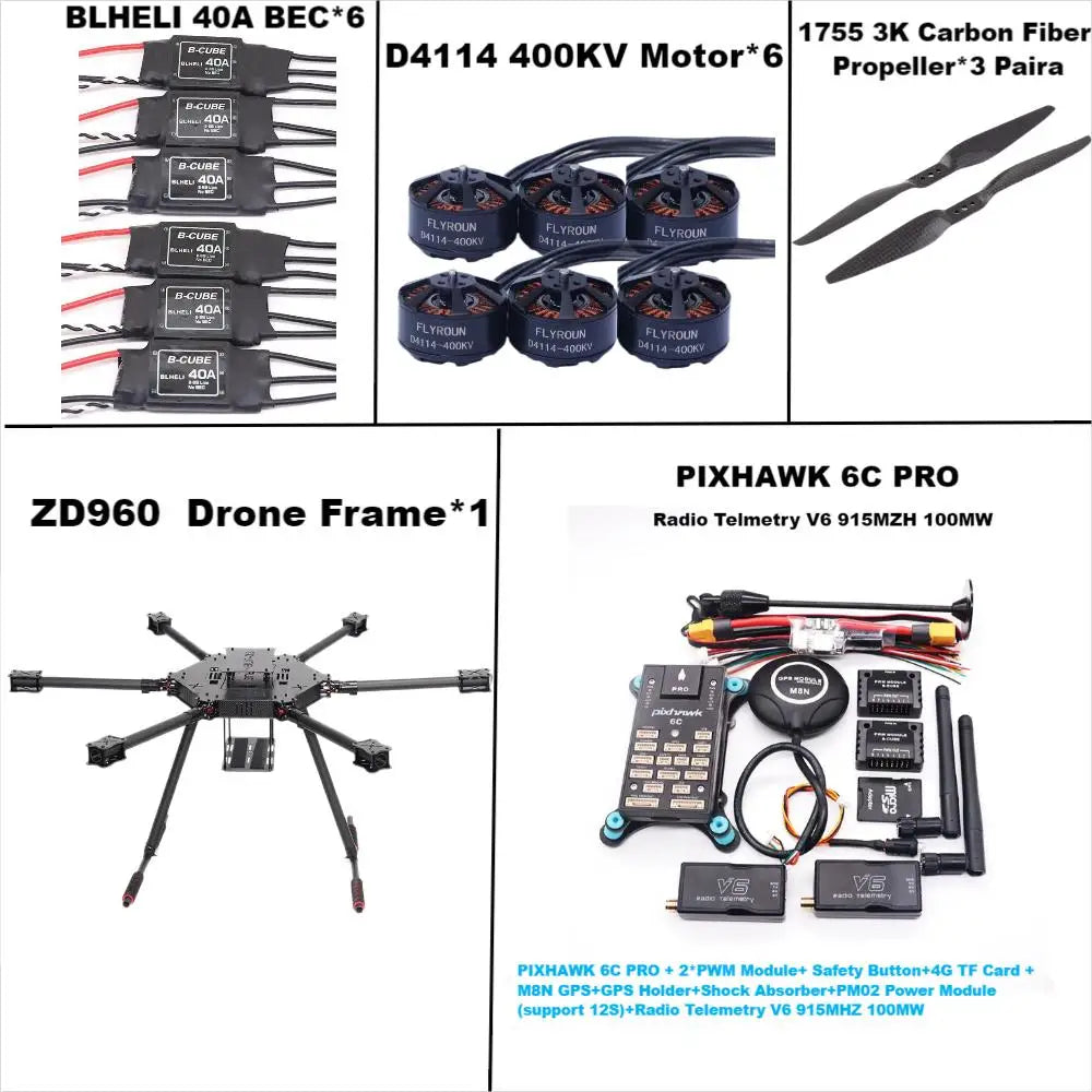 ZD960 PIXHAWK 6C PRO M8N Full Carbon Fiber Hexa-Rotor Frame BLHELI 40A ESC Flight Comtrol Rado Telemetry Set