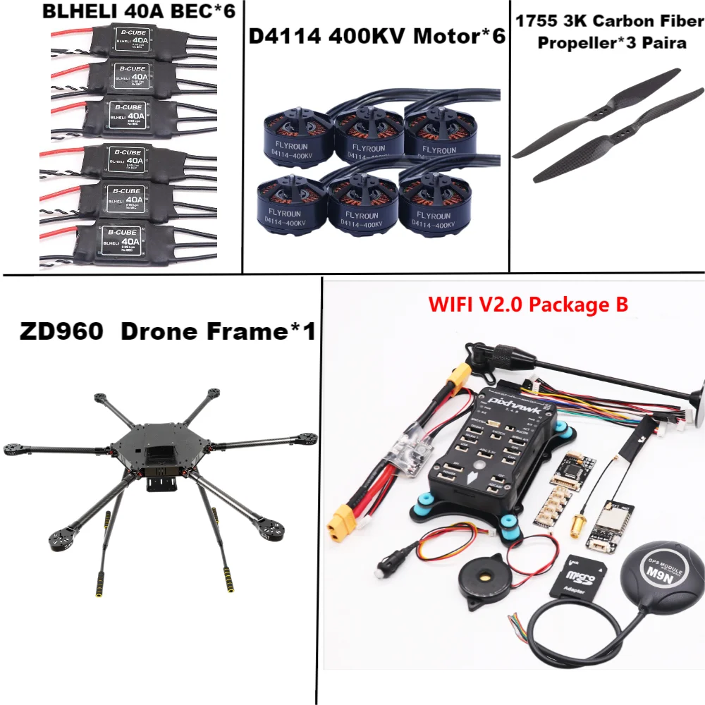 ZD960 PIXHAWK2.4.8 M9N Full Carbon Fiber Hexa-Rotor Frame BLHELI 40A ESC Flight Comtrol Rado Telemetry Set