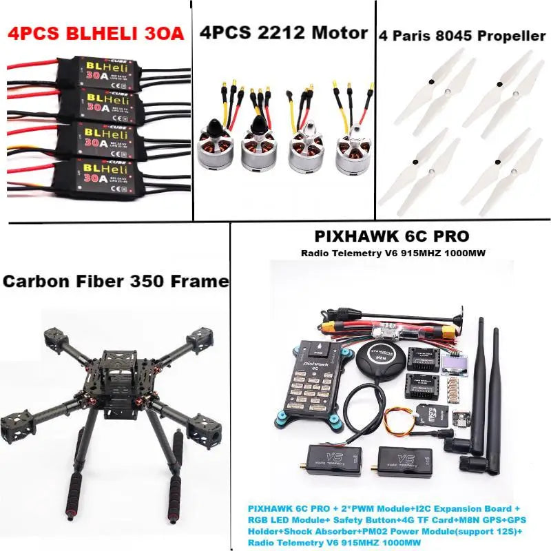 B-CUBE Carbon Fiber 350 PIXHAWK 6C PRO M8N KitFlight Control Ardupilot Radio Telemetry Quadcopter BLHELI 30A 2212 Motor ESC