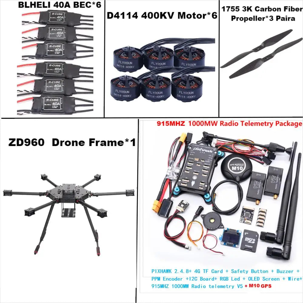ZD960 PIXHAWK2.4.8 M10 Full Carbon Fiber Hexa-Rotor Frame BLHELI 40A ESC Flight Comtrol Rado Telemetry Set