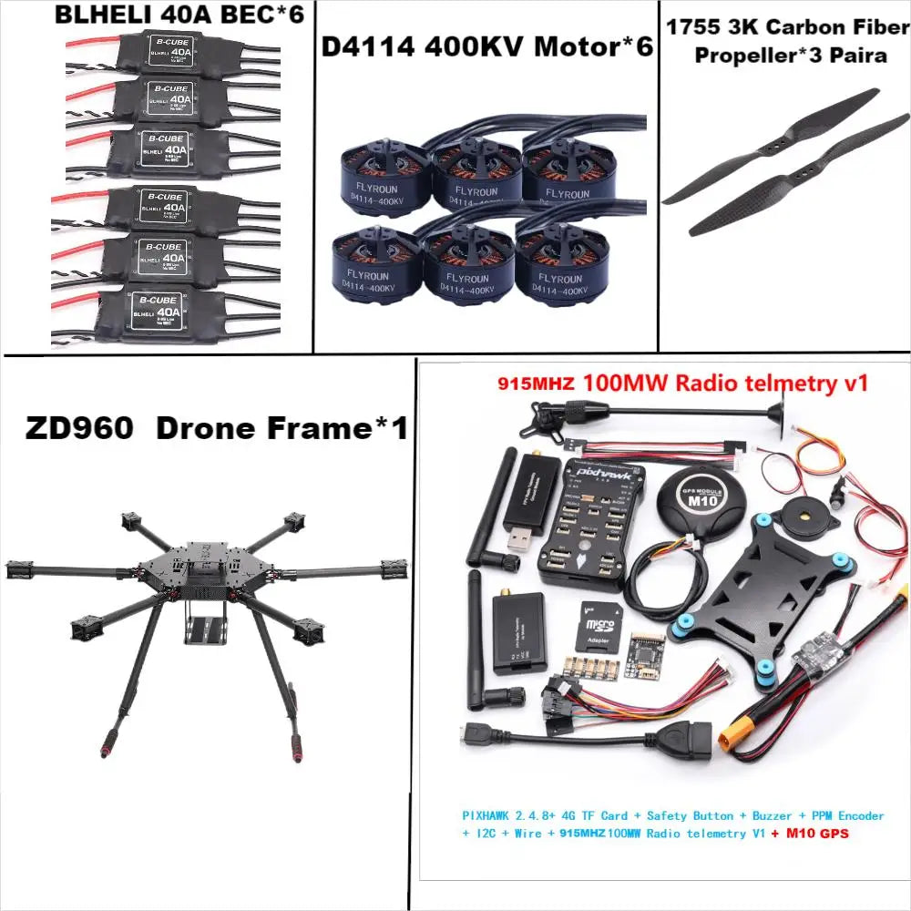 ZD960 PIXHAWK2.4.8 M10 Full Carbon Fiber Hexa-Rotor Frame BLHELI 40A ESC Flight Comtrol Rado Telemetry Set