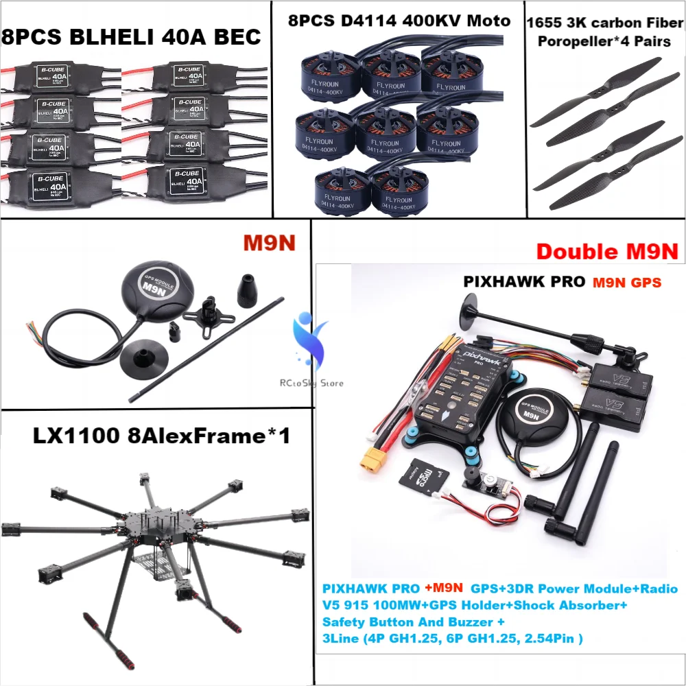 LX1100 Full Carbon Fiber1100mm Octa-Rotor Frame BLHELI 40A ESC PX4 Pixhawk PRO Double M9N Flight Comtrol Set D4114 Motor Rctosky