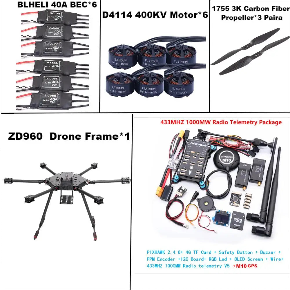 ZD960 PIXHAWK2.4.8 M10 Full Carbon Fiber Hexa-Rotor Frame BLHELI 40A ESC Flight Comtrol Rado Telemetry Set