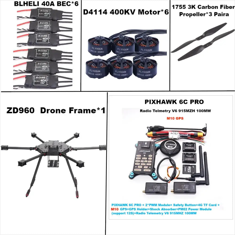 B-CUBE ZD960 PIXHAWK 6C PRO M10 Full Carbon Fiber Hexa-Rotor Frame BLHELI 40A ESC Flight Comtrol Rado Telemetry Set