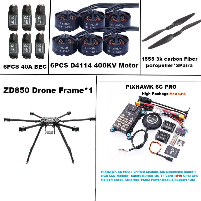 ZD850 6C PRO M10 Full Carbon Fiber 850mm Hexa-Rotor Frame BLHELI 40A ESCFlight Comtrol Rado Telemetry Set