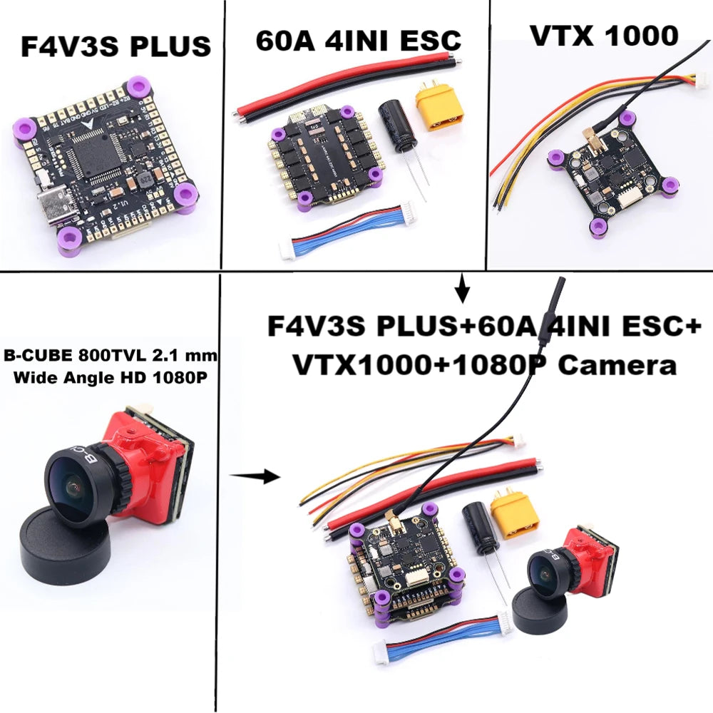 F4V3S/ F4V3S PLUS+45A/60A 4IN1 ESC+VTX1000+1080P Camera INAV Betaflight Board Barometer OSD Quadcopter RC Drone FPV Racing