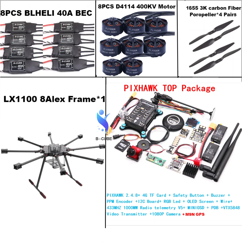 B-CUBE LX1100 Полностью карбоновая рама 1100 мм Octa-Rotor BLHELI 40A ESC PX4 Pixhawk 2.4.8 M9N Flight Control Set D4114 Motor
