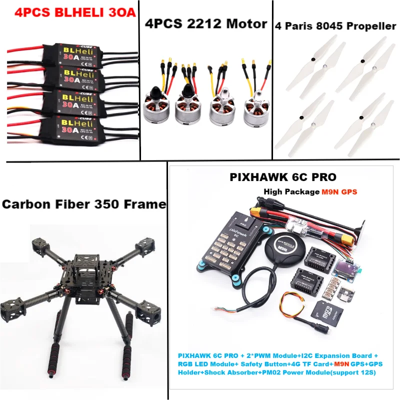 B-CUBE Carbon Fiber 350 PIXHAWK 6C PRO M9N KitFlight Control Ardupilot Radio Telemetry Quadcopter BLHELI 30A 2212 Motor ESC