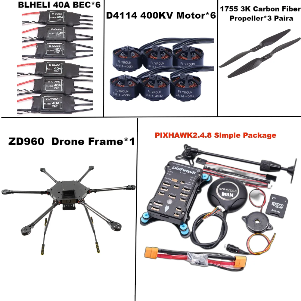 ZD960 PIXHAWK2.4.8 M9N Full Carbon Fiber Hexa-Rotor Frame BLHELI 40A ESC Flight Comtrol Rado Telemetry Set