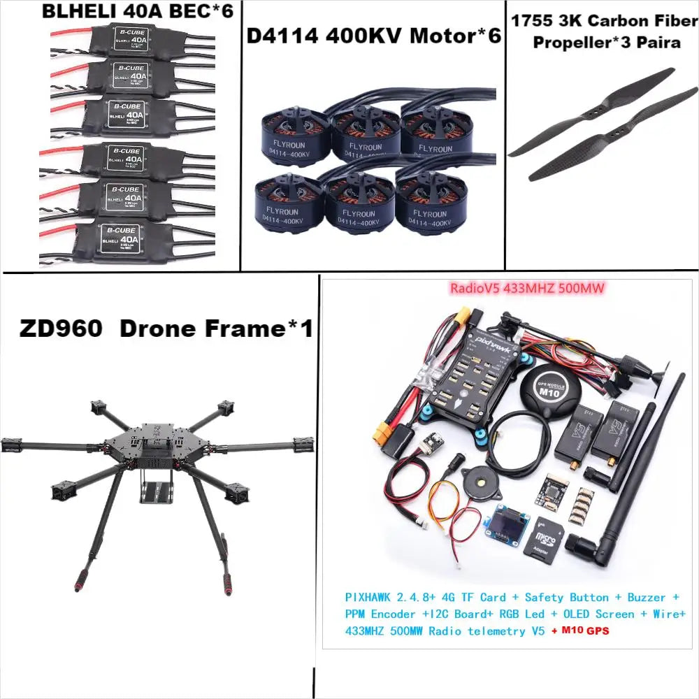 ZD960 PIXHAWK2.4.8 M10 Full Carbon Fiber Hexa-Rotor Frame BLHELI 40A ESC Flight Comtrol Rado Telemetry Set