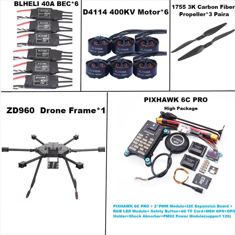 ZD960 PIXHAWK 6C PRO M8N Full Carbon Fiber Hexa-Rotor Frame BLHELI 40A ESC Flight Comtrol Rado Telemetry Set