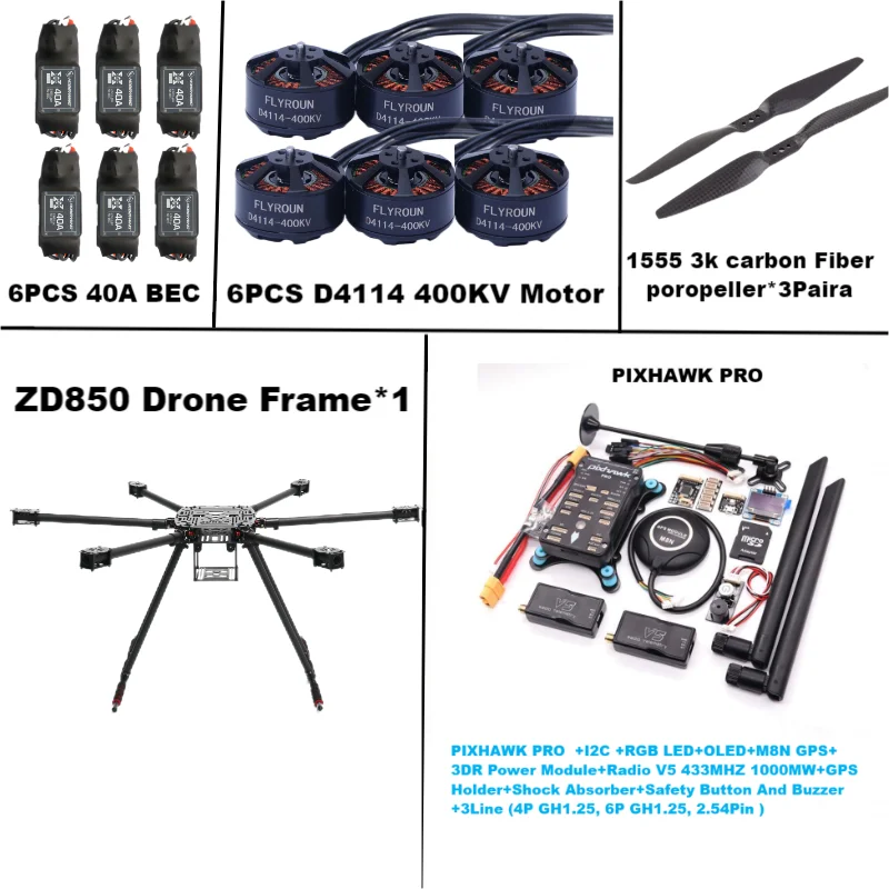 ZD850 PRO M8N Full Carbon Fiber 850mm Hexa-Rotor Frame BLHELI 40A ESC PIXHAWK Flight Comtrol Rado Telemetry Set